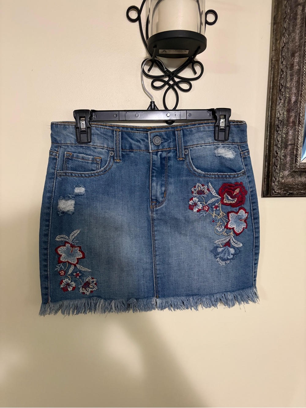 Aeropostale Blue Denim Mini Skirt with Red & White Floral Embroidery